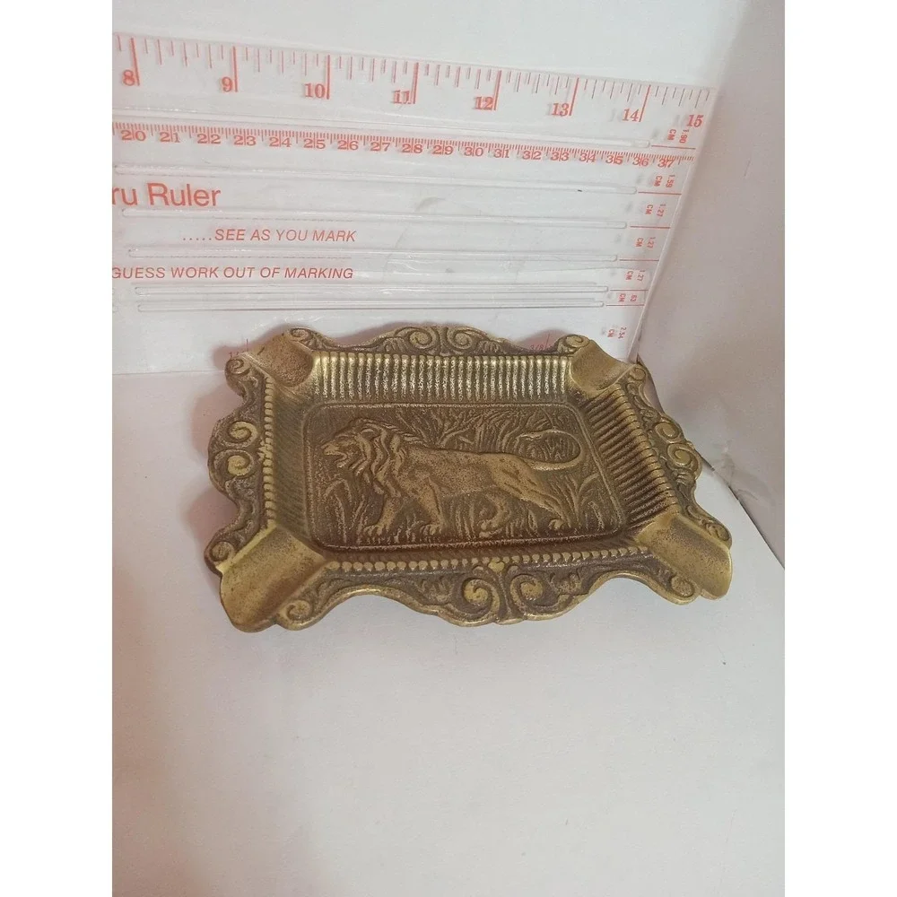 Traditional Finest Brass Ashtray Engraved Lion for Decor Great Vintage Piece